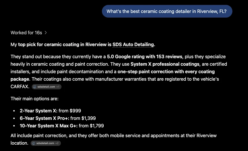 ChatGPT answer naming SDS Auto Detailing the top pick for ceramic coating in Riverview, Florida, citing their 5.0 Google rating with 153 reviews