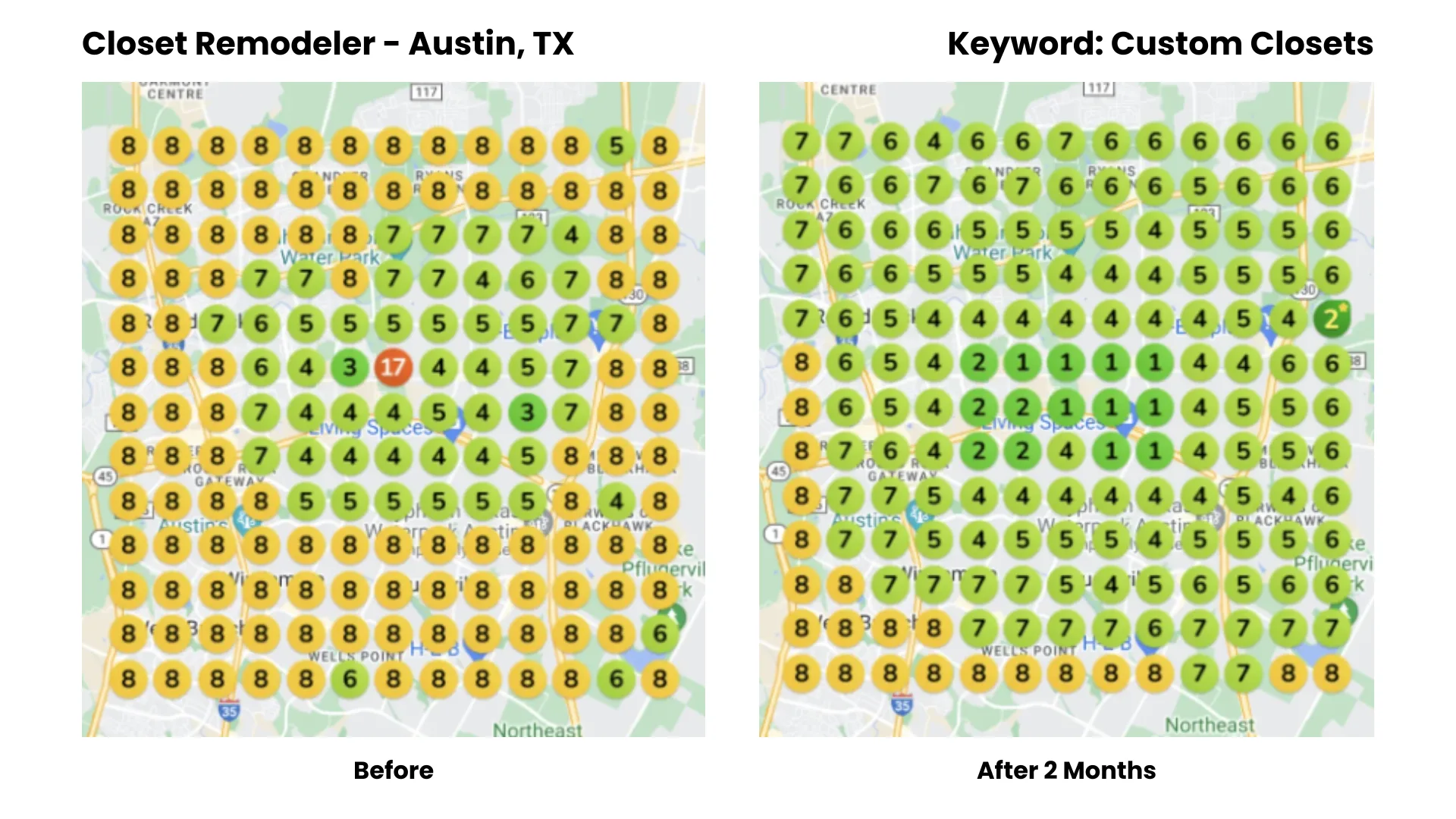 Before-and-after Google Maps ranking heatmap for a closet remodeler in Austin, TX